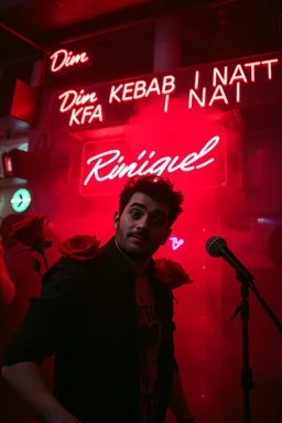 An spanish Guy with big eyes "Enrique" performing at dance club, his name is "Enrique" Red roses On stage, red Neon lights and smog, and "Din KEBAB I NATT" big sign on the wall, serenade under balcony