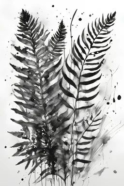 A abstract realism line drawing with brushstrokes and ink splatters of Deftones black ink on white background fern and botanical leaves