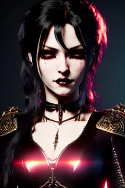Smirking gothic anime vampire, waist up portrait, 8k resolution, intricate details, ornate details, soft lighting, vibrant colors, retroanime, masterpiece, intricate eyeliner, dark eyeshadow, eyes, intricate tattoos, futuristic cityscape background