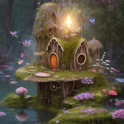 high-quality, fine-detail beautiful fairy house with a clear, reflective lake, flowers, butterflies, small globes of iridescent light, tranquil, gorgeous, 8k resolution, 3D octane render, intricate, sharp, crisp, digital art, detailed matte, volumetric lighting, George Grie, Anne Dittman, Anne Stokes, Lisa Parker, Selina French, Alphonese Mucha