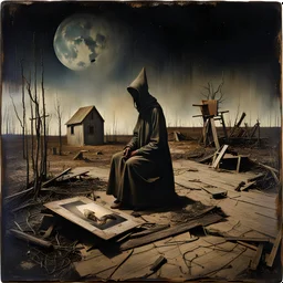 Photorealistic polaroid nothingness and distressing anguish old wooden figure wasteland night Max Ernst Hieronymus Bosch