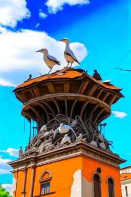 on top of the stone statue of the crucified Jesus is a huge stork's nest with storks