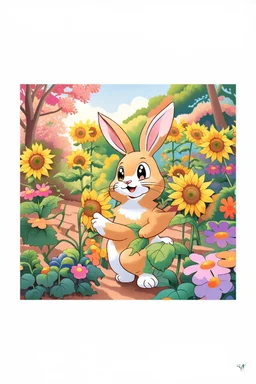 The cute bunny excitedly looks at a bright yellow sunflower in the colorful garden, child book illustration style, faces must be the same as reference image