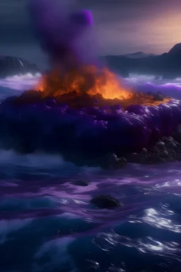 a purple rock island surrounded by a sea of molten lava
