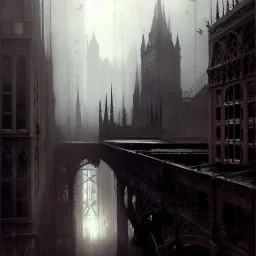 Skyline Gothic bridges between building,Bridges on rooftops, Gotham city,Neogothic architecture, by Jeremy mann, point perspective,intricate detailed, strong lines, Jean Baptiste Monge