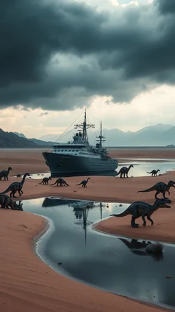A ship side view appeared in the desert on a little lake with sands T rex dinosaurs are in it and around it and stormy clouds , and some mountains in the distance background