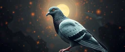 big ass human that looks like a pigeon portrait, with background in the style of escher and giger, a chill contrapunctus fugue in the style of fsol, beethoven, goa trance breaks, dancefloor drum and bass,