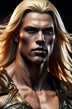 Muscular alpha male with Long blonde hair , dark fantasy, intricate details, hyper detailed. 4K. Ultra Realistic
