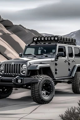 The large jeep is gray color on the outside and black on the inside