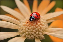 ladybug with a tequila sunrise on an orange flower looking towards a dramatic sunrise in a little foggy atmosphere