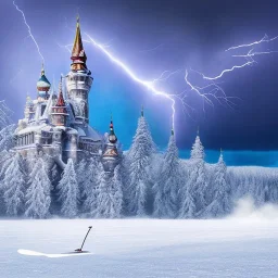 bird on slalom ski in front of ice castle, ski tracks and blue storm clouds and burning lightening