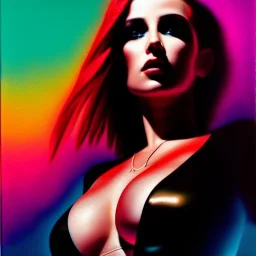 portrait oil on canvas, beautiful punk busty female Cyborg, looking to viewer, sad green eyes, post-apocalyptic in a cyberpunk city,minimal skintight suit, blade runner, comic book cover, mystical colors, CYAN, neon, insanely detailed,realistic,intrincate detail, 16k resolution, masterpiece, Adam hughes