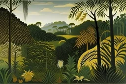 A jungle near a city painted by Henri Rousseau