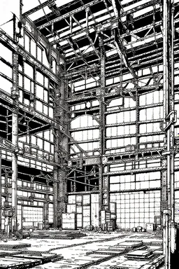 Abandoned industrial warehouses, line arts, manga style