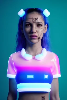 Ultra Realistic image, Rosalía artist, 40 years old, portrait, normal complexion, natural small busty, traditional little tattoo, two bows, little chopsticks hair ,black eye long liner, latex t-shirt, inflatable open coat, gold pink and blue style, spray line glow make up, geometric led jewelry, fog, hot, inflatable style latex coat, vibrant color, highly detailed, art stations, concept art, smooth, unreal engine 5, god rays, ray tracing, RTX, lumen lighting, ultra detail, volumetric lighting.