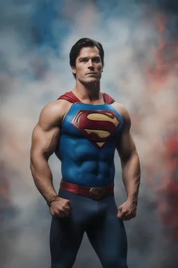 Superman, Christopher Reeve/Henry Cavill/David Corenswet Superman, extremely huge, overexaggerated muscles, posing and flexing in a front of the camera, random extreme action poses, an extremely colorful, multicolored foggy blue marble wall in the background with a colorful marble tile floor, multicolored lightning, realism engine,