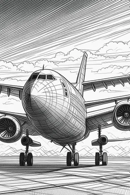 Outline art, no shading, aeroplane on the ground, black and white, no shading, ow detail, --ar 9:11