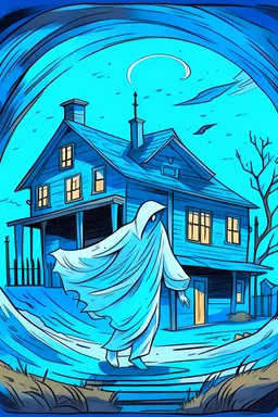 A white-pale ghost leaving a house forever. Nighttime, moonlit, cold colors