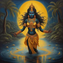 An oil painting of goddess Kali crossing a lake, neon gold colors, high detail eyes,