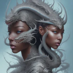 sango fantasy, fantasy magic, intricate, sharp focus, illustration, highly detailed, digital painting, concept art, matte, artgerm and paul lewin and kehinde wiley, masterpiece silver dragon head gray Asain African nice breast Afo woman turquoise waves