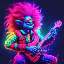 NC Hyperreal:1.0> troll with big hair wearing bright colored clothes. His guitar is glowing, and music is radiating from it. Lighting flashes in the background. Heavy metal music "8k resolution holographic astral cosmic illustration mixed media by Pablo Aramingo"\