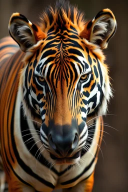 Buffed zebra with tiger patterns and colour, detailed musculature, looking intimidating