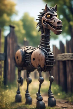 smilende zombie hest av tre foran et kastanjegjerde in the style of giger and fallout 4 ,,bokeh like f/0.8, tilt-shift lens 8k, high detail, smooth render, down-light, unreal engine