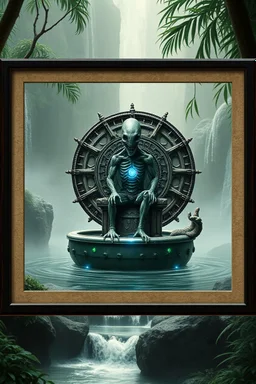 framed action figure card of a crucified alien necrophyte electric eel necromancer on round swamp transparent glass obcidian boat beholder eye wheel throne in a charged foggy jungle waterfall, with withered filmgrain