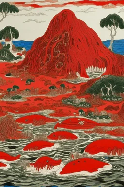 A red volcanic island with dolphins painted by Jean Dubuffet