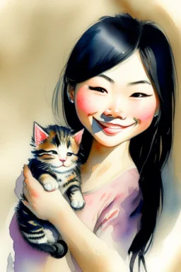 A cute smiling asian girl is holding a kitten. Watercolour