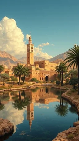 Hieronymus Bosch style , Morocco old Arabian oasis with water lakes and trees with old castle with tower walls and minaret and dates palms trees