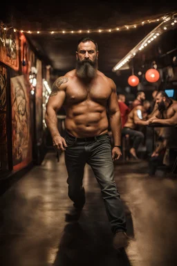 full figure photography of a burly trucker muscular strong 42-year-old turkish in a discoteque, serious, shirtless, short beard, dancing rock shirtless, manly chest, big shoulder, tribal tattoo, very hairy, side light, view from the ground