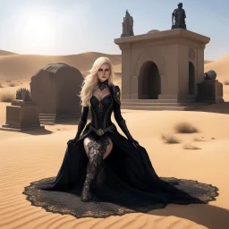 A peroxide blonde with steel blue eyes wears a black lace widow's dress, kneeling in the desert. Behind her, a tomb under the sun, with a religious statue casting a sharp, threatening shadow. It is the cruel desert.