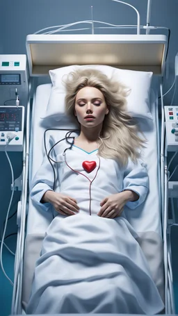 photorealistic hyperdetailed very small young woman with dirty blonde hair lying asleep on a hospital large bed with a heart monitor and iv lines attached fantasy