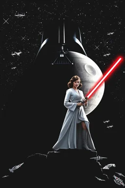 black background onto which the outline of darth vader, face obscured, standing filled with stars nebula and the Death Star is large within, in front in poses from the original star wars posters is Luke Skywalker with lightsaber and Princess Leia Organa with laser pistol both in white clothing atop crumbling stone, the millenium falcon and x-wing fighters and tie-fighters flying among the stars, do not show darth vader's face