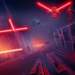 spanish illustrator, owl flying, vertigo, metal, red eyes, bombed city background, neon lights, star wars, dystopic, 8k, real engine