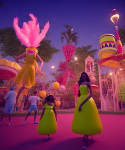 Wes Anderson photographer, Ultra realistic carnival garden night scene, wide angle view :: carnival woman and sweet inflatable monsters, carnival dress style, feather color, free jumping, soft color, highly detailed, unreal engine 5, ray tracing, RTX, lumen lighting, ultra detail, volumetric lighting, 3d, finely drawn, high definition.