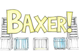 a drawing with sketch lead pencil, The word "BAXER" in yellow floating like a big sign, strong painting, strong expression, BAXER!, BAXER! the word Baxer, WOODEN CRATES AND BLUE BARRELS