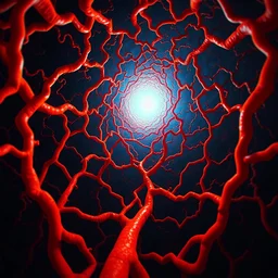 epic dark scene with vibrant tangerine-colored (((bifurcating))) fractal-like squiggly blood veins, which fill the scene, spiraling away from the viewer who views the scene from a (((fish-eye camera view))) the veins head towards a bright light blue cyan dramatic light, scientific illustration
