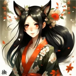 girl kitsune black hair beautiful