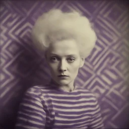 Clotilde queen, purple fur, striped wallpaper, old autochrome