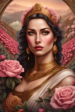Invredibly beautiful Portrait of a Greek lady in mixed with cyberpunk dress dusty rose, golden color and pink, inbfront of gigantic Wall engraved by Zraostrian engravings, hyperdetailed landscape behind depth of field mountains and vegetations flowers and roses planted, sophisticated array of colors and secret path round table, 250 megapixels, photorealistic, realistic photography, volumetric lights, HDR