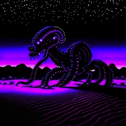 neon black and purple large and long worm-like robot with a 3D hexagon for a head in a dark monochrome desert