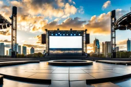 a big open empty disko stage in modern city in a very big square , at distance,blue sky pretty clouds ,night .