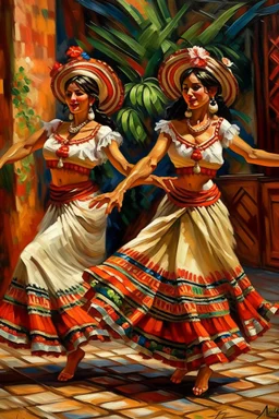 2 maxican woman dancing neoclassism traditional painting