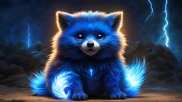 An electric blue furred Tanuki with a lightning bolt shaped tail, crackling with energy and possessing intense glowing blue eyes. The creature, named Voltanuki, stands on all fours, its fur sparking with electricity as it is surrounded by a visible aura of crackling energy. It has an almost ethereal glow that sets it apart from its traditional counterpart. In the background, one can see a bolt of lightning striking the ground, releasing a powerful surge of energy that seems to fuel Voltanuki's e