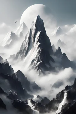 create a picture of a giant mountain in china with white accents and the sky, there should be more distance between the sky and the mountain, extremely three-dimensional, and there are no buildings 非常详细 极其精致和美丽 景深 极高分辨率 壁纸 照片 写实 风景 山 山上 黄金时段照明 白天 秋天红叶 黄昏