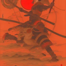 Single human Samurai Japanese Ukiyo-e, red sun in the background