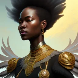 close up of black woman with feathers, intricate, highly detailed, digital painting, artstation, concept art, smooth, sharp focus, illustration, art by artgerm and greg rutkowski and alphonse mucha