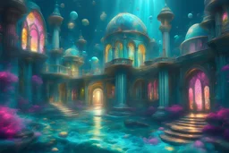 cosmic town underwater turquoise color, domed houses with pbright pink and yellow stained glass , waves, turquoise color atmosphere , bright columns , rays of ligth and a lot gold dust of light, good definition 8k